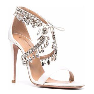 NWT Aquazzura Milla Jewel 105mm Sandals White Satin Crystal Embellished Sz 41